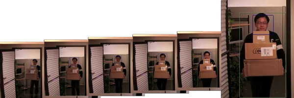 six progressive frames of an Asian man carrying a stack of boxes through a doorway.