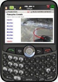 The image shows a Blackberry phone with a intuVision VA video analysis event on the screen.