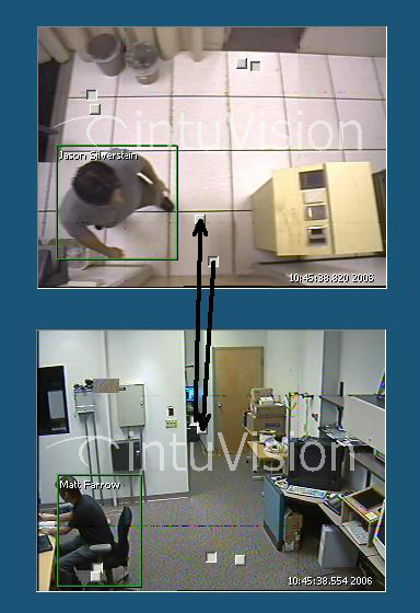 There are two different surveillance video images of different views of the same office, showing that capability of the intelligent video analysis to share metadata from the biometric access control to the cameras, thereby tracking the person.
