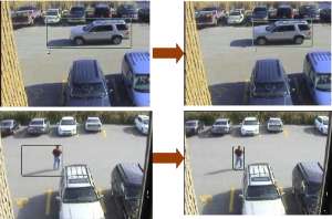 Shows video surveillance feed of a parking lot. The two images on the left have both the objects and their shadows in green bounding boxes, indicating an unsuccessful intelligent video analysis, while the same images are on the right with only the objects boxed in, showing our successful video analytics algorithms at work. 